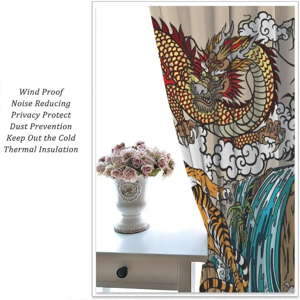 Chinese Dragon & Tiger in The Waterfall Landscape Window Curtain